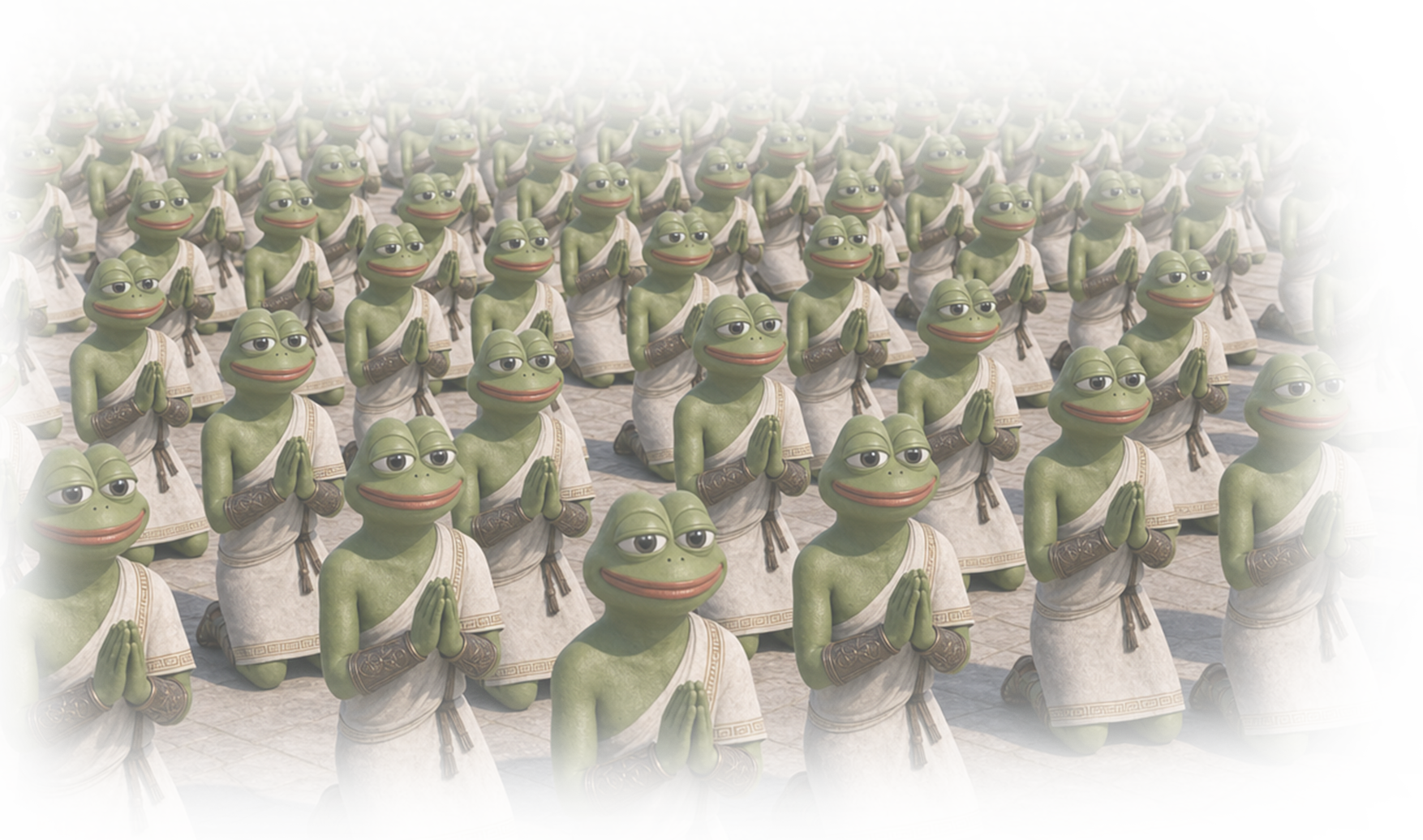 Legions of pepes kneel in the courtyard